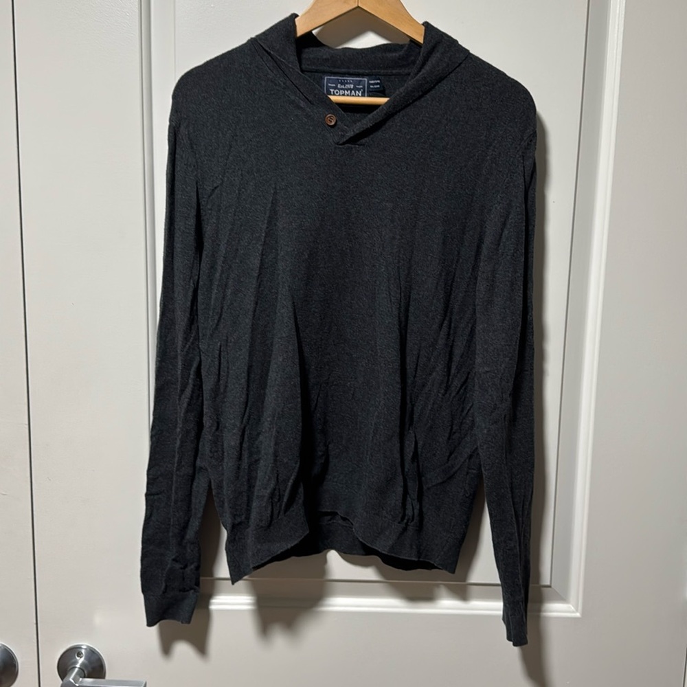 Topman charcoal shawl neck cotton sweater size medium